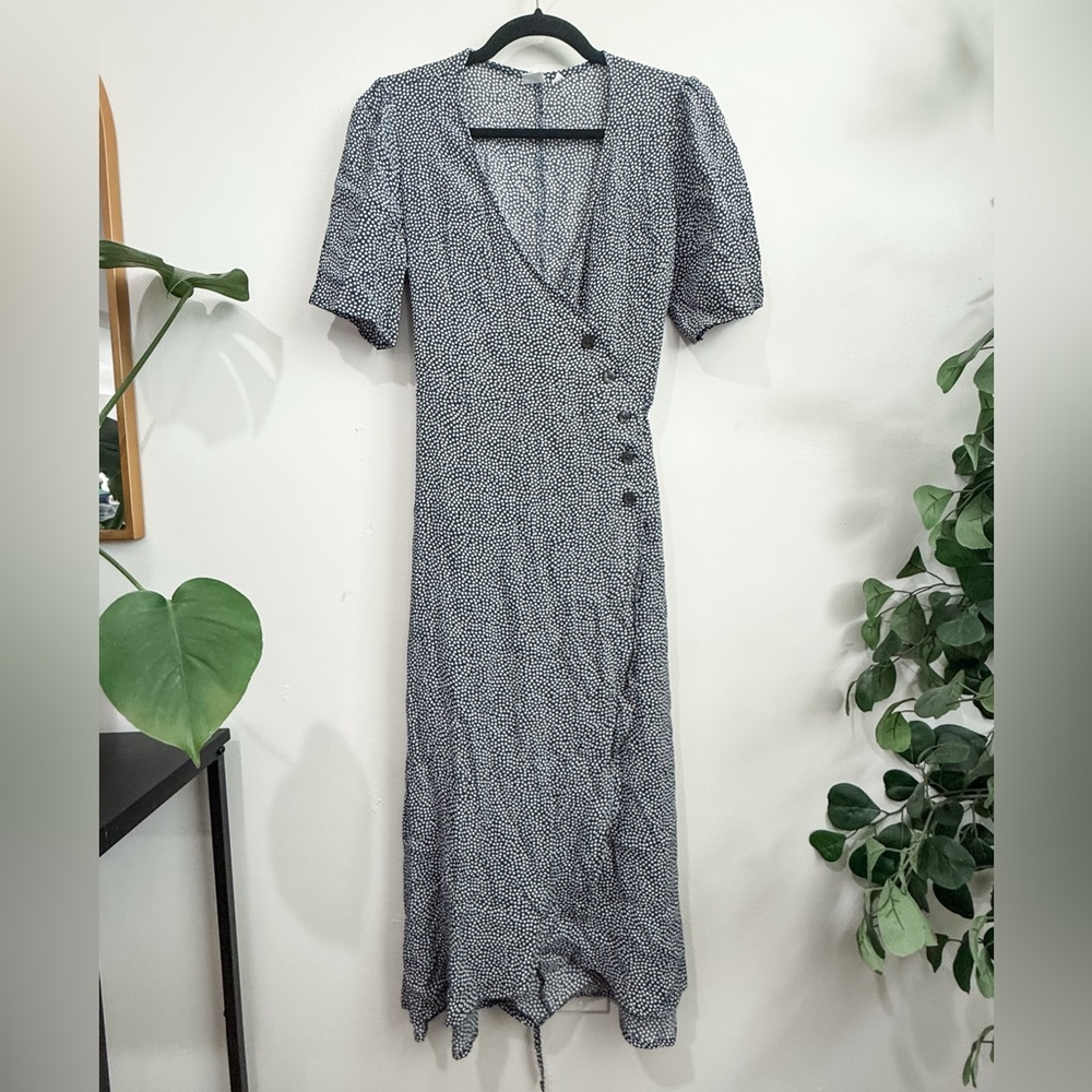 GAP Navy and White Puff Sleeve Midi Wrap Dress